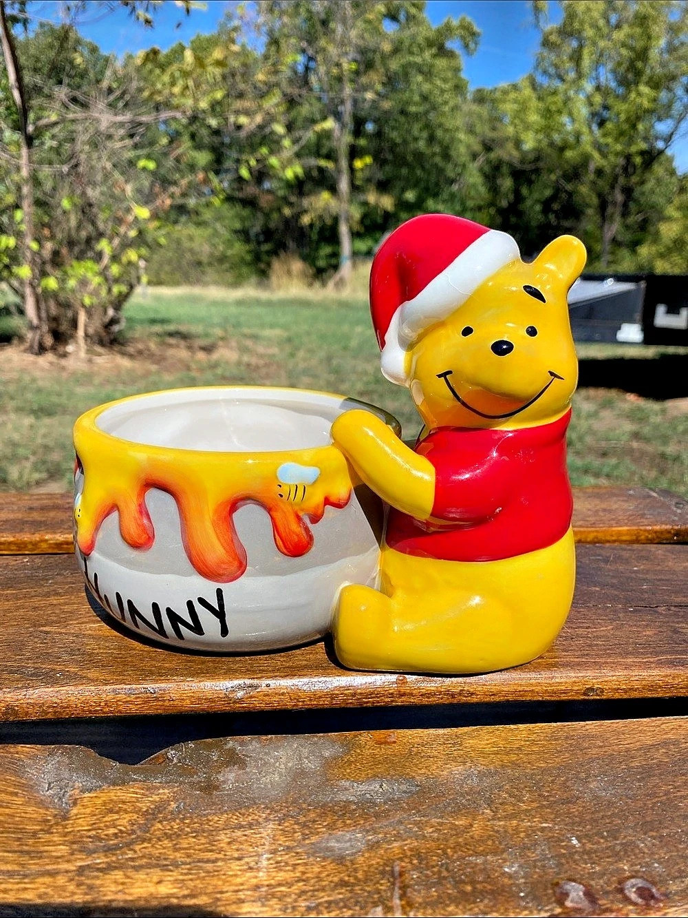 Disney Winnie the Pooh Christmas Ceramic Honey Pot Candy Dish